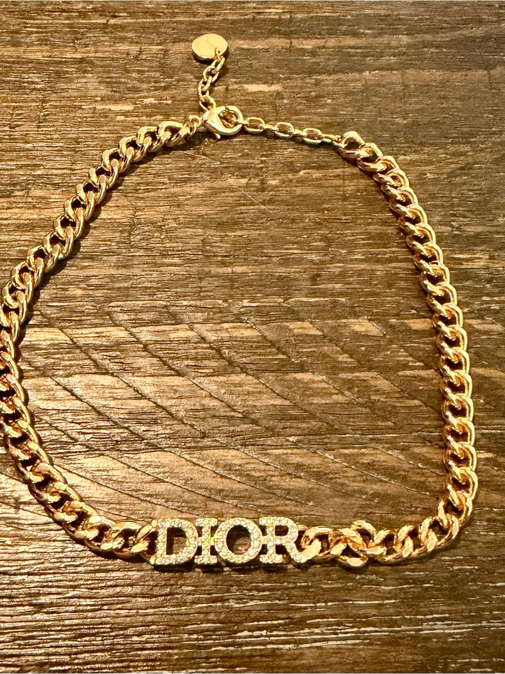 Dior Gold Crystal DIOR Logo Chain Necklace